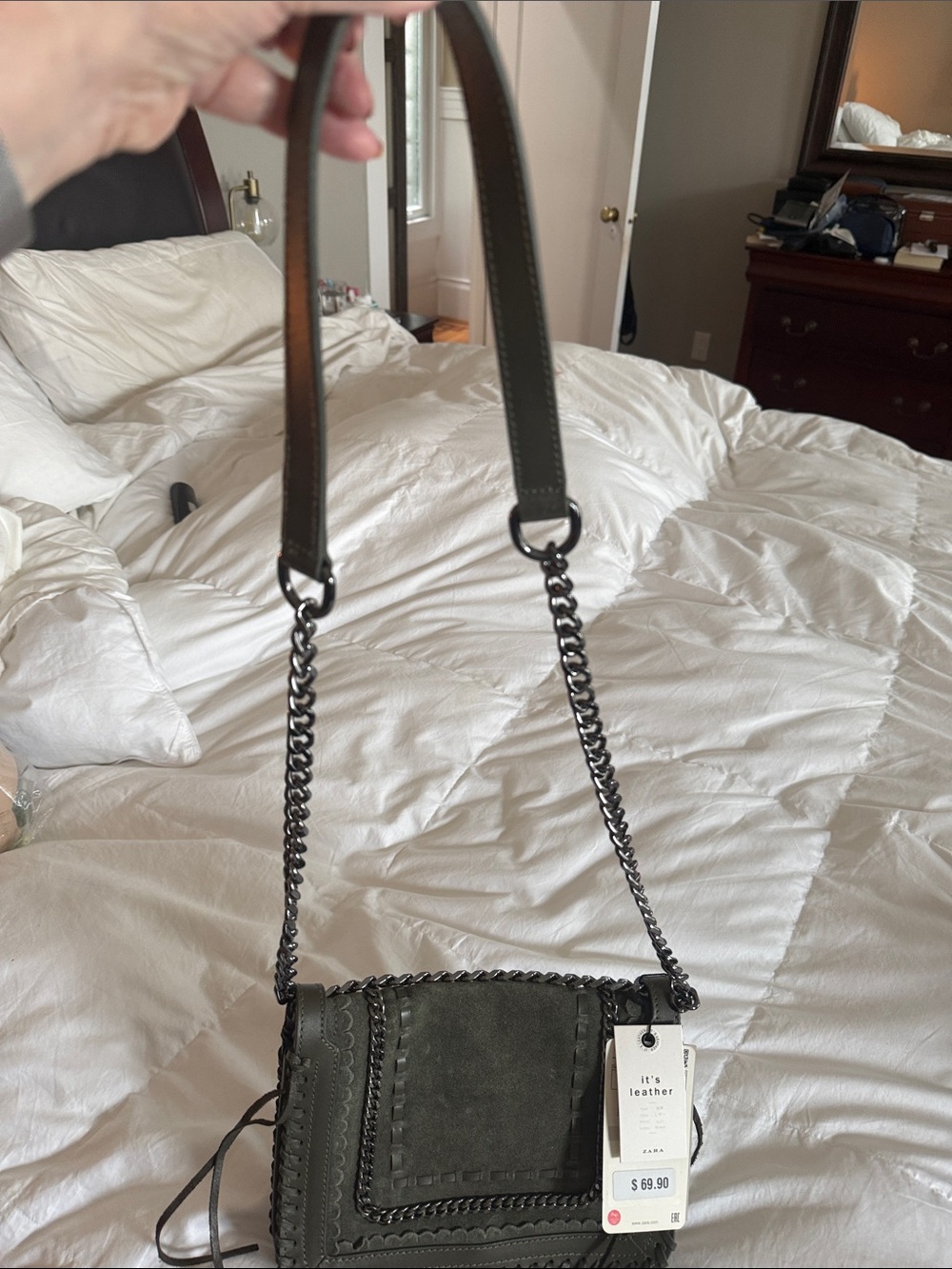 Zara nwt Olive Green Suede & Leather Chain Crossbody Bag - Picture 6 of 13